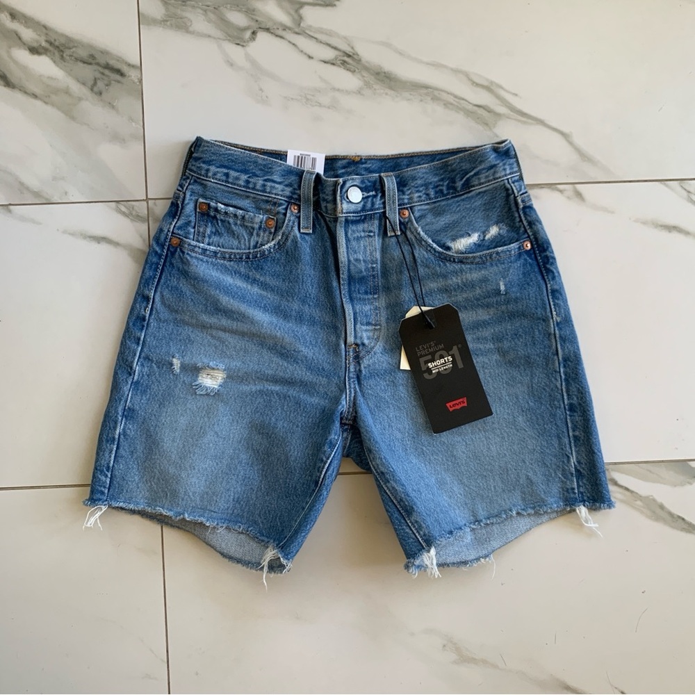 Levi's 501 Mid Length Denim Shorts High Rise Button Fly Luxor Street Size 26 - Picture 2 of 7